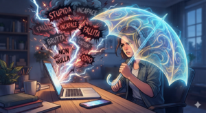 Smartphone con un commento online anonimo e blocco di appunti per conservare le prove di una diffamazione