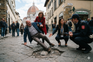 Persona anziana caduta sul marciapiede per una buca stradale, con testimone e agente della polizia municipale che intervengono